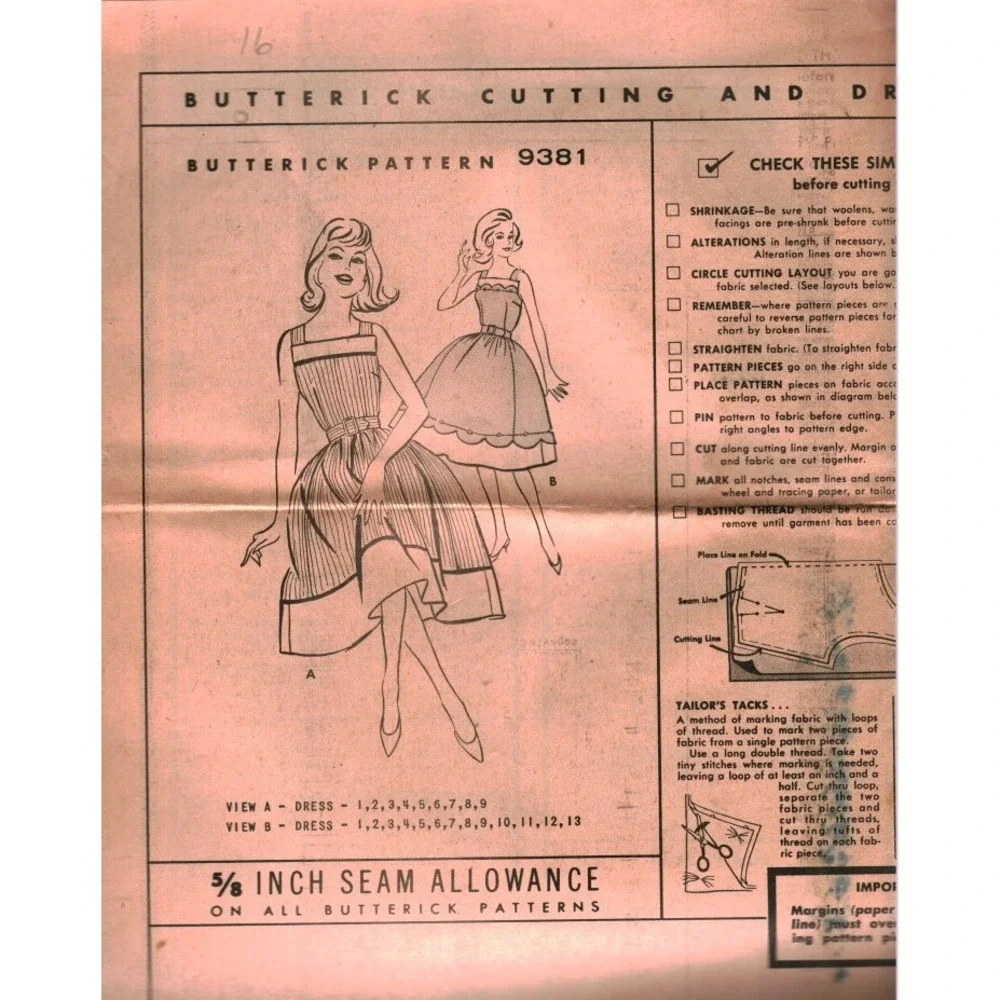 Vintage Butterick 9381 Sewing Pattern 1960s Fit and Flare Dress Scalloped Hem